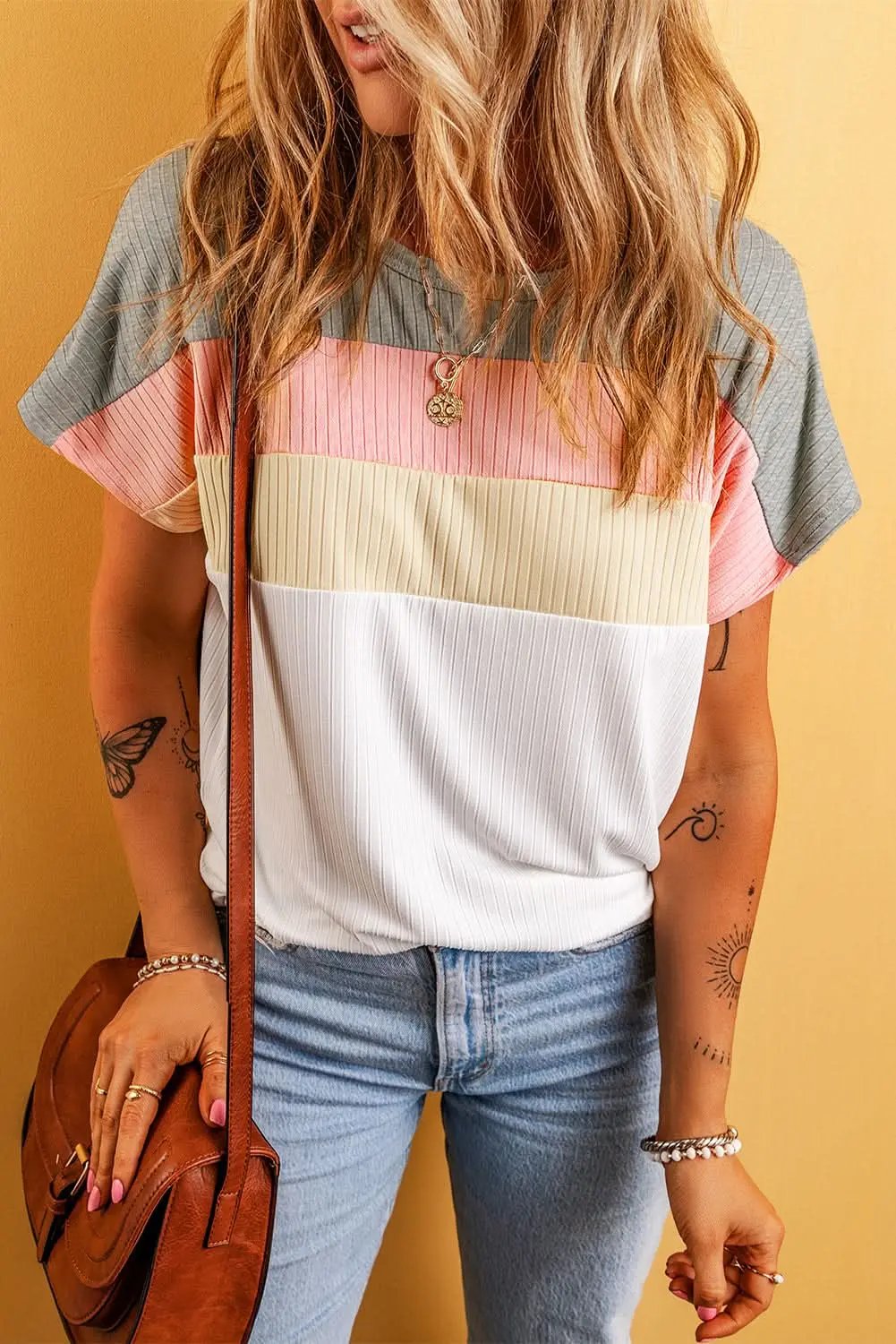 White Ribbed Color Block Patchwork T-shirt - Love Salve